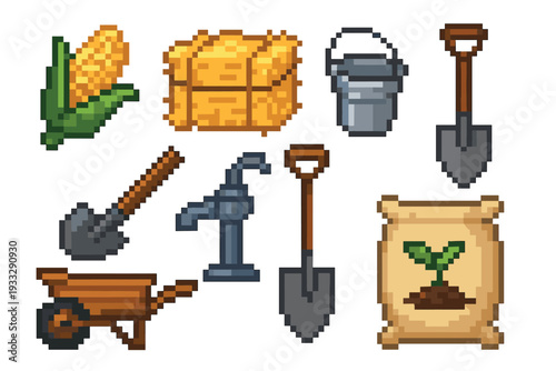 Collection of pixel art farming icons featuring a corn cob, hay bale, shovel, bucket, wheelbarrow, and water pump in a retro 8-bit video game style asset pack