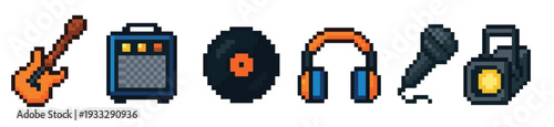 Set of six pixel art music icons including a guitar, amplifier, vinyl record, headphones, microphone, and boombox in a retro 8-bit video game style illustration