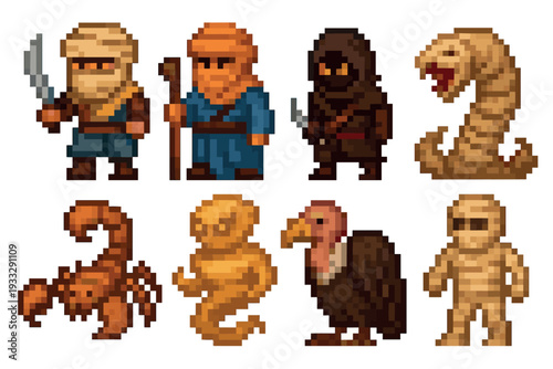 Collection of eight pixelated desert-themed characters and monsters for a fantasy role-playing game, featuring a mummy, scorpion, djinn, vulture, and human warriors