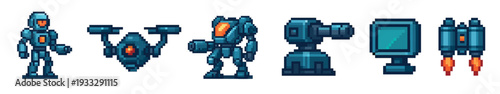 Set of pixel art robot sprites for a video game asset pack, including a mech, drone, turret, terminal, and jetpack in a retro 8-bit sci-fi style