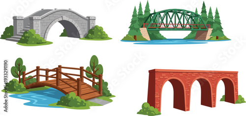 Black bridge silhouette vector set, arch wooden and steel river crossings isolated on white background for landscape design
