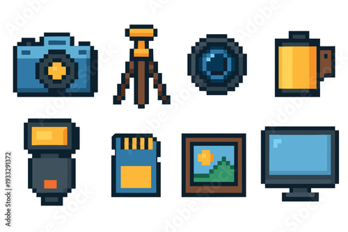 Set of pixel art photography icons in a retro 8-bit video game style, featuring a camera, tripod, lens, film, flash, memory card, picture, and monitor