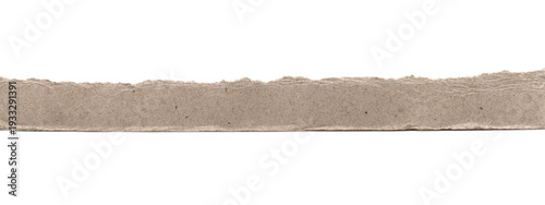 Horizontal brown recycled kraft paper strip with uneven torn edge on a plain white surface