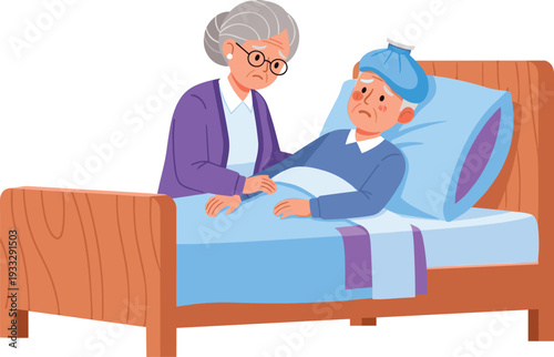 Elderly woman caring for sick husband in bed with ice pack, senior healthcare and home nursing concept, geriatric medical care vector illustration