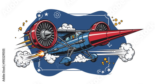 Vintage style cartoon airplane flying through stars and clouds