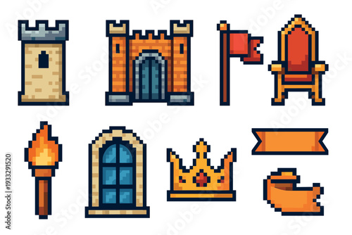 Set of pixel art medieval fantasy icons including a castle, tower, royal throne, golden crown, flag, torch, and banner for a retro video game design project
