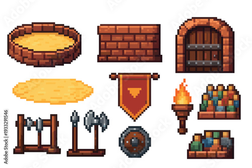 Pixel art collection of medieval fantasy game assets featuring a gladiator arena, brick wall, gate, weapons, shield, banner, and spectators