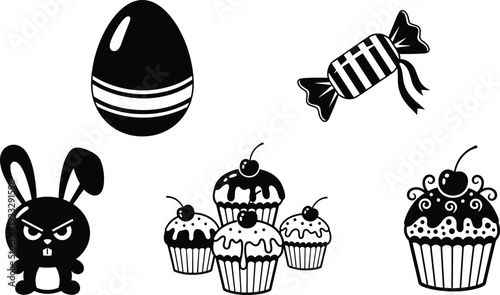 Cute dessert and Easter icons black vector set featuring egg candy cupcake bunny sweets playful silhouette illustration collection