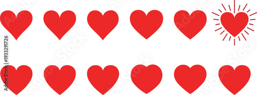 Collection of red heart icons in various shapes including a shining heart with sunburst lines isolated on a white backgroundCollection of red heart icons in various shapes including a shining heart wi