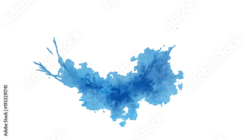 Blue watercolor paint splashes form a 3d paper silhouette illustration of a world map continent with a vector contour design for geography and cartography