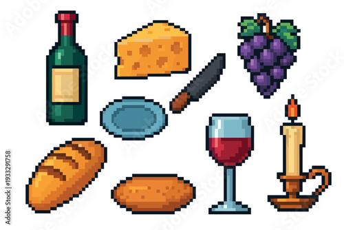 Pixel art food and drink icons set featuring a bottle of wine, cheese, bread, grapes, and a candle for a romantic dinner concept in a retro 8-bit video game style