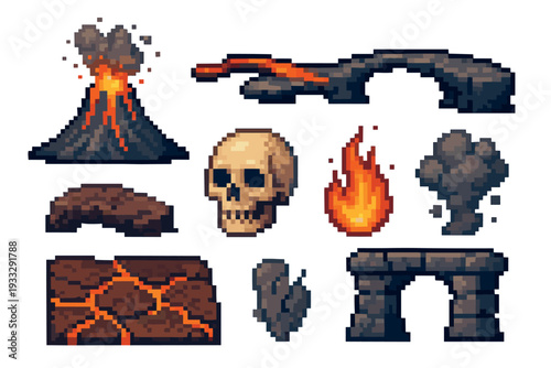 Pixel art game asset collection featuring an erupting volcano, human skull, lava, fire, smoke, and stone elements for a fantasy world