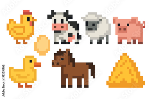 Set of pixel art farm animal icons including a chicken, cow, sheep, pig, duck, horse, egg, and haystack in a classic 8-bit retro video game style illustration