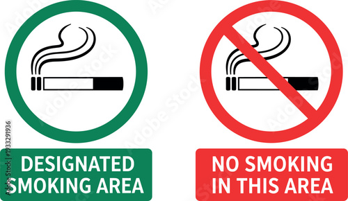 Designated Smoking Area and No Smoking Warning Sign Icons with Cigarette Symbols for Public Places, Safety Notices, and Regulatory Signage Designs