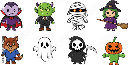 Cute Halloween character collection with vampire witch mummy ghost werewolf grim reaper pumpkin monster isolated on white background vector illustration