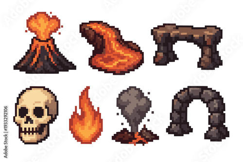 Pixel art collection of fantasy game icons featuring an erupting volcano, lava flow, human skull, fire, stone arch, and a small vent in a retro 8-bit video game style