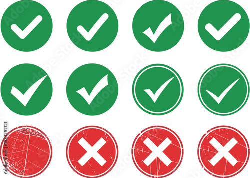 Green Check Mark and Red Cross Status Icon Set with Approved and Rejected Symbols for User Interface, Validation, Feedback, and Decision Designs