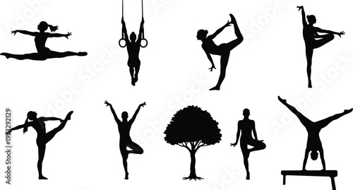 Gymnastics and yoga silhouettes vector set, female athletes performing balance flexibility and acrobatic poses isolated on white background illustration