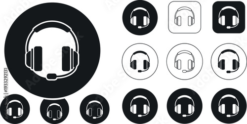 Headset and Customer Support Icon Set with Call Center, Help Desk, and Communication Symbols in Solid and Outline Circle Styles