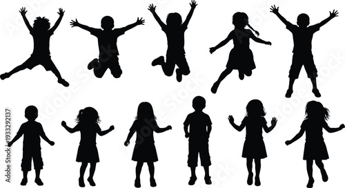 Happy children jumping silhouette set vector illustration, playful kids collection isolated on white background, active childhood fun concept