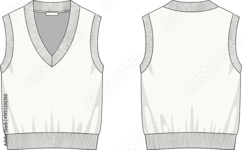 Cuadro en lienzo Technical fashion sketch of classic V-neck knit sweater vest with ribbed armhole