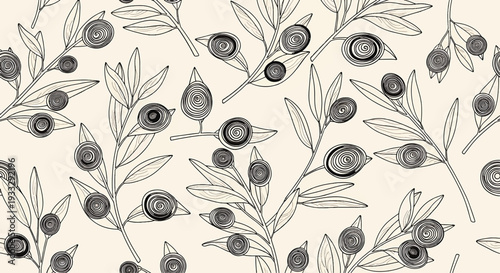 Seamless black and white olive branch pattern vector