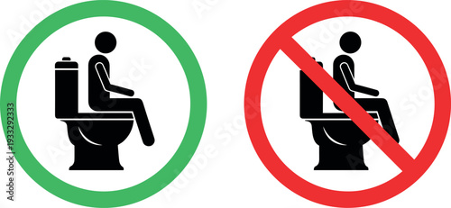 Toilet Use Allowed and Prohibited Icon Set with Permission and No Use Bathroom Symbols for Public Restroom Signage, Rules, and Facility Notices