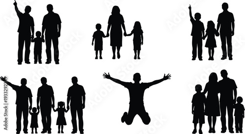 Happy family silhouettes vector set, parents and children standing holding hands isolated on white background for parenting concept design