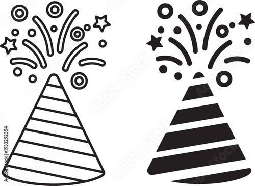 Black and white striped party hats with firework bursts also transparent background fireworks