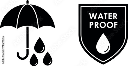 Waterproof Protection Icon Set with Umbrella, Raindrops, and Shield Symbol for Water Resistance, Weather Safety, and Product Label Designs