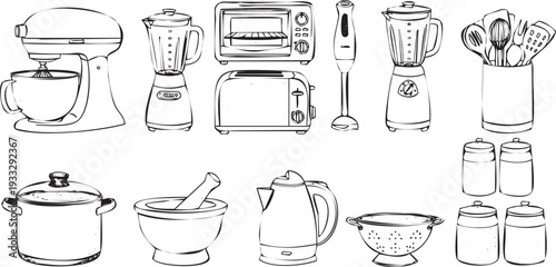 Kitchen Appliances and Utensils Line Art Vector Collection: Cooking Baking Preparation Tools