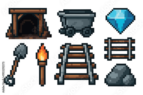 Set of pixel art mining icons featuring a mine entrance, cart, diamond, shovel, torch, railway, and rocks, designed in a retro 8-bit video game style for digital assets