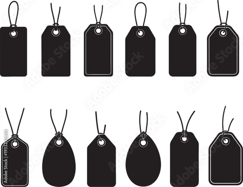 Black hang tags in various shapes and sizes with string attachments also transparent background black tags
