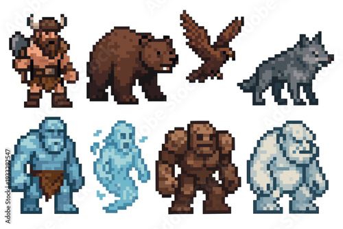 Pixel art fantasy character and monster set featuring a viking warrior with an axe, a bear, wolf, eagle, troll, golem, and an elemental spirit for a retro game