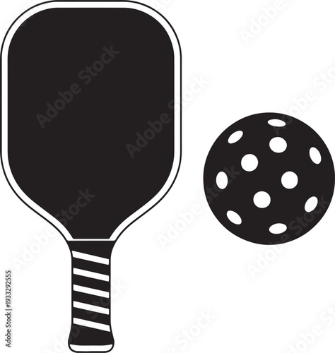 Black pickleball paddle and perforated ball also transparent background white