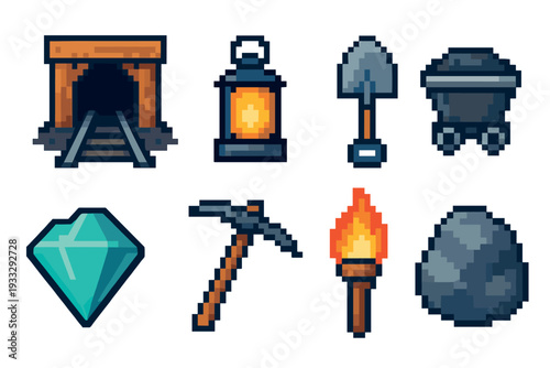 Pixel art mining icon set featuring a mine entrance, lantern, shovel, cart, diamond, pickaxe, torch, and rock for a retro video game interface or digital asset collection