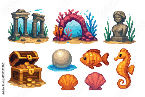 Pixel art collection of underwater game assets including a treasure chest, ancient ruins, a coral arch, a seahorse, a fish, a pearl, and seashells in a retro 8-bit style