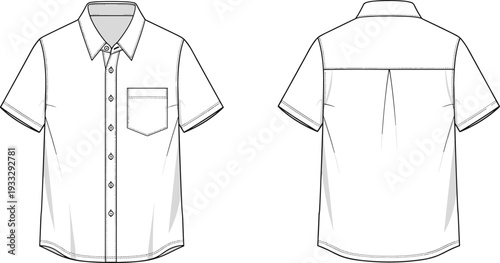 Technical fashion sketch of mens short sleeve button down shirt with pointed collar, chest pocket and back yoke,