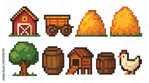 Collection of pixel art farm icons featuring a red barn, cart, haystack, tree, barrel, coop, and chicken in a charming retro 8-bit video game style for digital assets