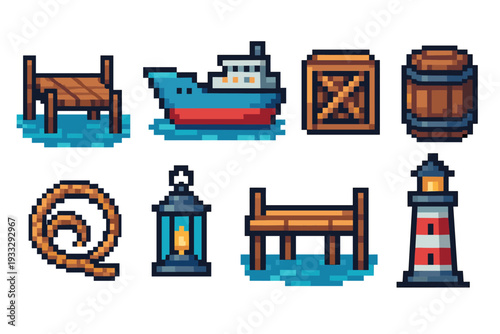 Set of pixel art nautical icons featuring a cargo ship, lighthouse, wooden pier, crate, barrel, coiled rope, and glowing lantern for a retro 8-bit video game