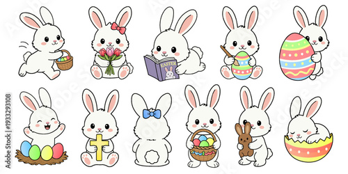 Cute Easter bunny character set. Kawaii white rabbit collection with Easter eggs and baskets in flat vector style