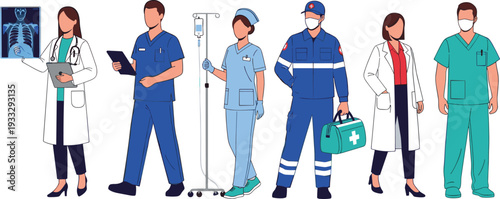 Collection of Medical Professionals Featuring Doctor Holding Xray Surgeon in Scrubs Nurse with IV Pole and Paramedic with First Aid Bag