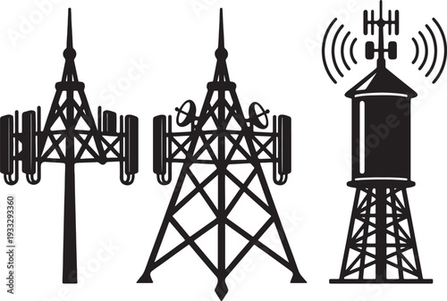 Three black and white telecommunication towers with antennas and satellite dishes also transparent background