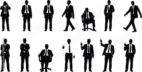 Collection of Professional Business Man Silhouettes Featuring Men in Suits Standing Walking Sitting Talking on Phone and Pointing Finger Gestures
