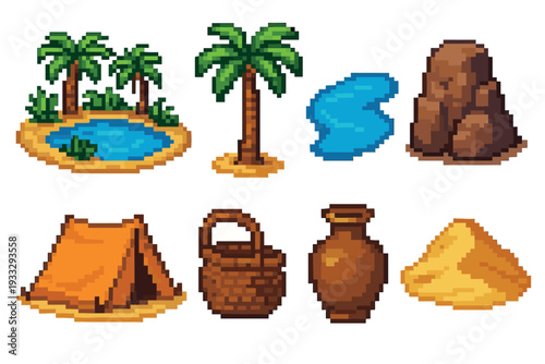 Pixel art desert survival game assets set with an oasis, palm tree, tent, rocks, and various items for a retro video game interface or creative project