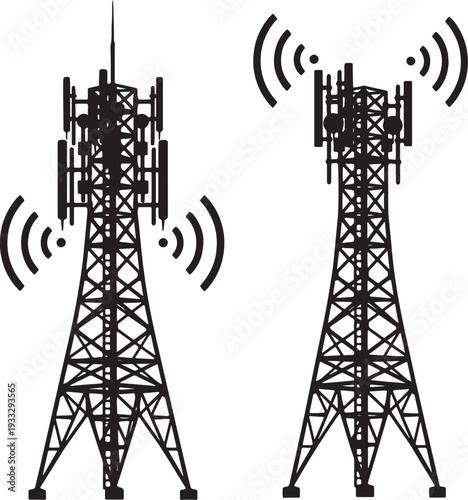 Two black and white telecommunication towers with signal waves emitting from antennas also transparent background