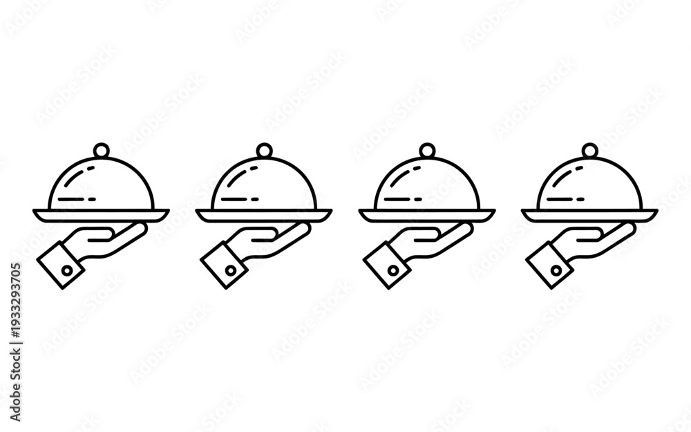 Fototapeta premium Four hands holding covered serving dishes in a row illustration