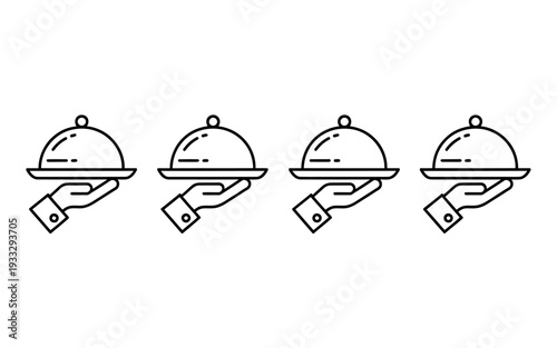 Four hands holding covered serving dishes in a row illustration