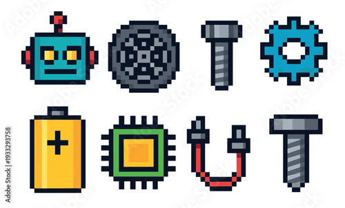 Pixel art set of robot parts icons including a head, gear, screw, battery, and microchip in a retro 8-bit video game style for technology and engineering concepts