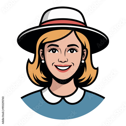 Cheerful blonde woman wearing a wide-brimmed straw hat smiles warmly for portrait.